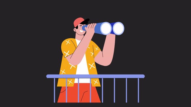 Boy Watching New Year Fireworks with Binoculars 2D animations on transparent background	
