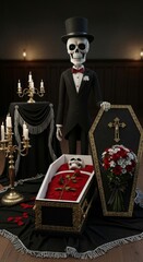 Obraz premium Traditional Joselito character with coffin and funeral decorations at a cultural celebration in a dimly lit setting