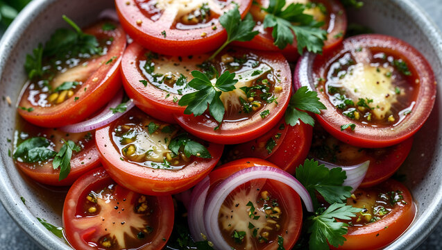 Tomato salad bowl sliced tomatoes red onions herbs spices circular pattern white bowl textured surface gray countertop fresh vibrant colors generative AI