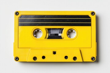Cassette tape on a white background, top view. retro music. retro audio cassette with a yellow label and black tape.