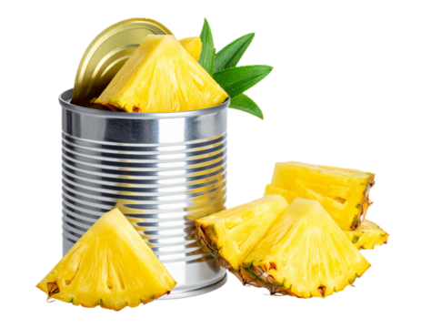 Canned pineapple tin can with blank label isolated on transparent background