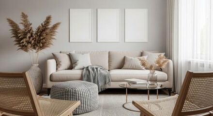 Cozy living room scene with neutral tones and modern sofa with blank wall art