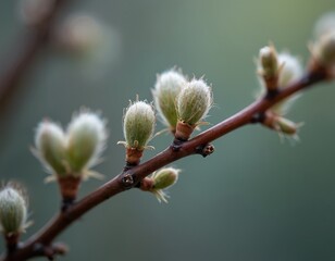 Detailed shot of fuzzy green tree buds on brown branch. Spring season shows new growth emerging in nature. Tiny plant sprouts signify fresh life, awakening. Buds swell, ready to burst open with
