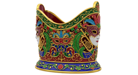 Ornamental carnival bottle holder with vibrant colors and intricate patterns designed for festive celebrations and gatherings