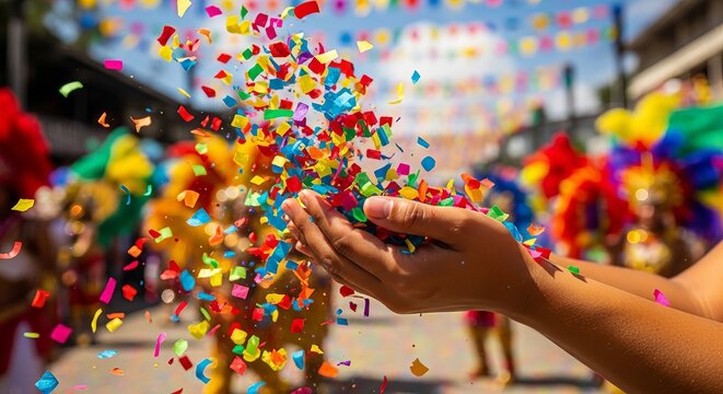 Colorful hands release vibrant confetti in Barranquilla during lively carnival celebrations - Powered by Adobe