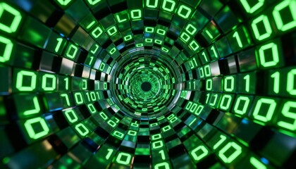 A futuristic digital tunnel with glowing green binary code streaming through a reflective, high-tech corridor.