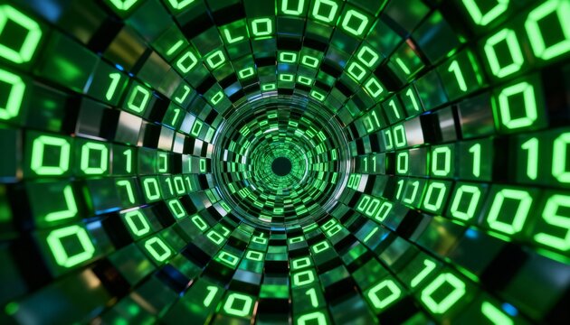 A futuristic digital tunnel with glowing green binary code streaming through a reflective, high-tech corridor.