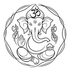 Lord Ganesha in circular frame with Om symbol. Hindu god line art vector illustration for yoga and meditation.