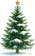 Decorated Christmas tree with golden ornaments and snow, festive winter holiday illustration, evergreen tree design, seasonal celebration, detailed artwork