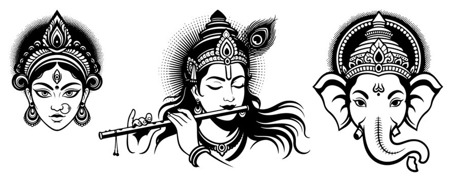 Hindu Gods Vector Icon Set with Durga Krishna and Ganesha Faces