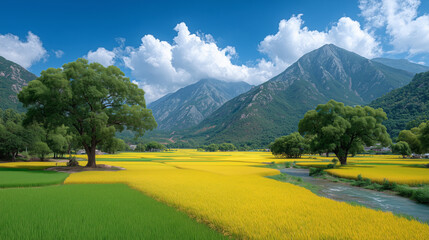 Yellow Rape Flower Field with Mountains and River in Bright Blue Sky
