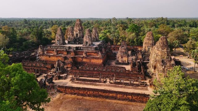 Aerial view of ancient pre rup temple at angkor, cambodia, Aerial view. A majestic tenth century hindu temple surrounded by dry jungle forest. Unesco heritage site.