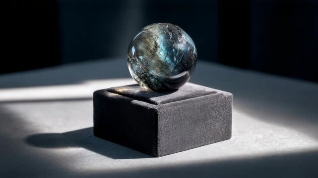Labradorite crystal sphere on black velvet stand in sunlight