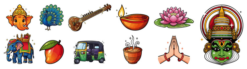 India travel and culture cute cartoon sticker set. Colorful vector icons including Ganesha Kathakali and auto rickshaw.