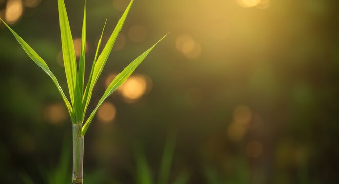 Young sugarcane plant with vibrant green leaves backlit by golden sunlight - Powered by Adobe