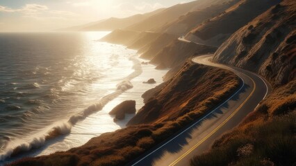 Coastal highway winds along dramatic cliffs, ocean waves crashing below in golden sunset light