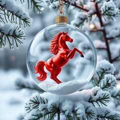 Clear Christmas Bauble with Red Rearing Horse Figurine on Snowy Winter Pine Branch Background_7
