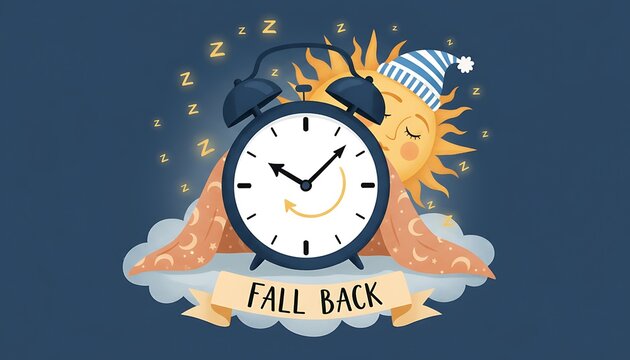 Daylight Saving Time Fall Back - Alarm Clock, Sun, and Cloud Illustration