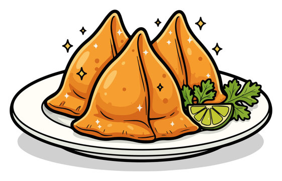 Delicious Indian samosas on a plate. Colorful cartoon vector illustration of a traditional asian snack.