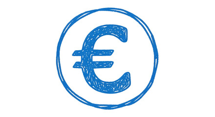Blue hand drawn euro symbol inside a circle, isolated on a transparent background, cutout, PNG