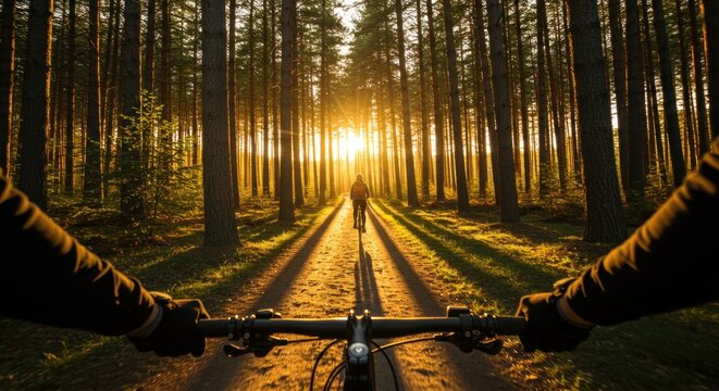 Cyclists in a sundrenched forest on a dirt path