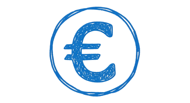 Blue hand drawn euro symbol inside a circle, isolated on a transparent background, cutout, PNG