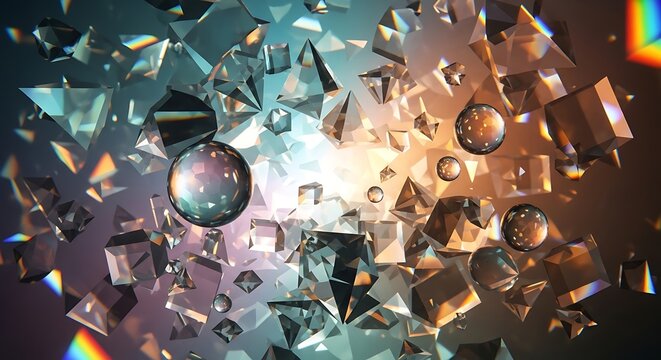 Abstract geometric crystal shapes and spheres with light reflections, futuristic digital art