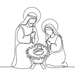 Elegant Nativity Scene with Mary, Joseph and Baby Jesus in Continuous Line Art Style for Christmas Cards, Religious Graphics, Holiday Designs and More