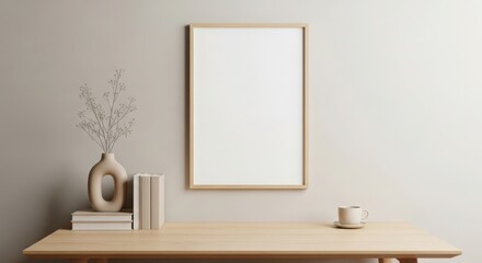 Minimalist interior mockup with framed artwork and decorative vase on a table