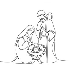 Nativity scene in continuous line art style presents the birth of baby Jesus with Mary and Joseph, perfect for Christmas cards and inspirational designs