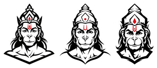 Lord Hanuman head vector illustration set. Hindu monkey god face for logo and emblem design. © Anna