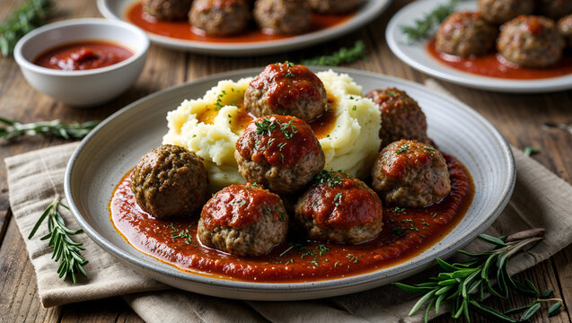 Meatballs mashed potatoes red sauce fresh herbs creamy golden brown wooden table beige tablecloth rosemary rustic appetizing hearty close up generative AI