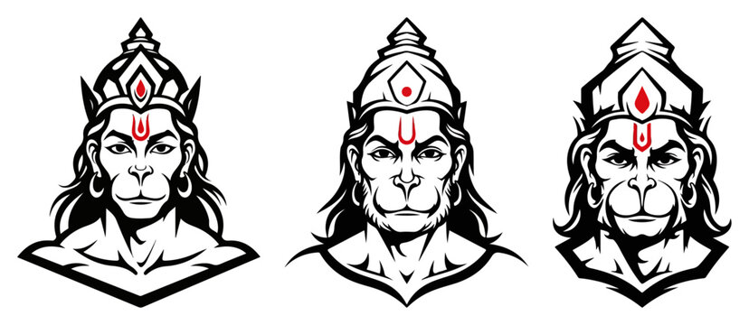 Lord Hanuman head vector illustration set. Hindu monkey god face for logo and emblem design.