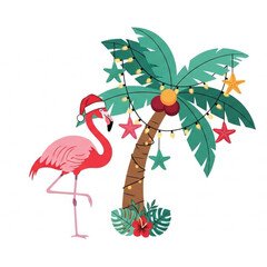 Festive flamingo celebrates a tropical Christmas with palm tree adorned with starfish and lights, bringing warm holiday cheer to your designs