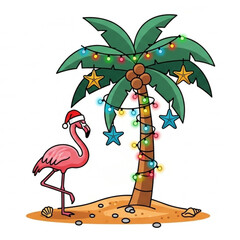 Festive flamingo wearing Santa hat next to decorated palm tree with starfish ornaments and Christmas lights, bringing tropical holiday cheer