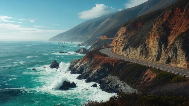 Coastal highway winds along dramatic cliffs, ocean waves crash against rocks
