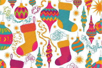 Whimsical holiday cheer with stockings and baubles, a festive pattern perfect for gift wrap, invitations, and adding a touch of seasonal joy