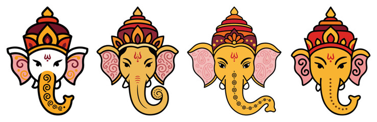 Ganesha Cute Elephant God Heads Set Cartoon Vector Icons With Ornamental Crown