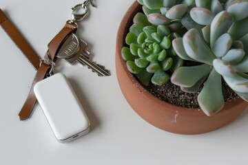 White electronic device silver key on brown leather strap next to succulent plant in terracotta pot image