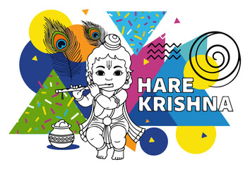Baby Krishna on Colorful Abstract Memphis Background Hare Krishna Mantra Vector Art