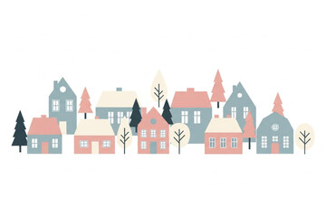 Charming pastel houses and trees create a whimsical neighborhood, perfect for children's books, greeting cards, and delightful home decor projects