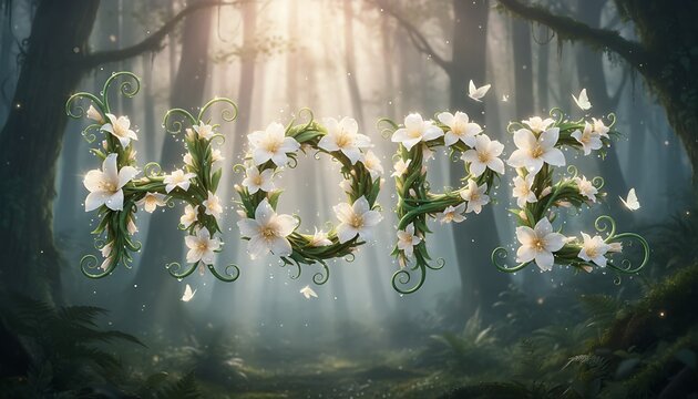 Hope Blooms A Serene Woodland Scene with Floral Letters and Gentle Butterflies