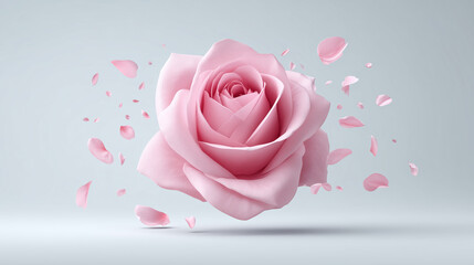 Pink Rose with Falling Petals on Light Gray Background