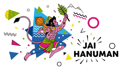 Fototapeta premium Lord Hanuman on Colorful Abstract Memphis Background Jai Hanuman Slogan Vector Illustration