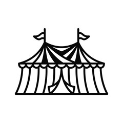 Circus tent icon with flags, line art drawing representing entertainment, show, carnival, event, and festival.