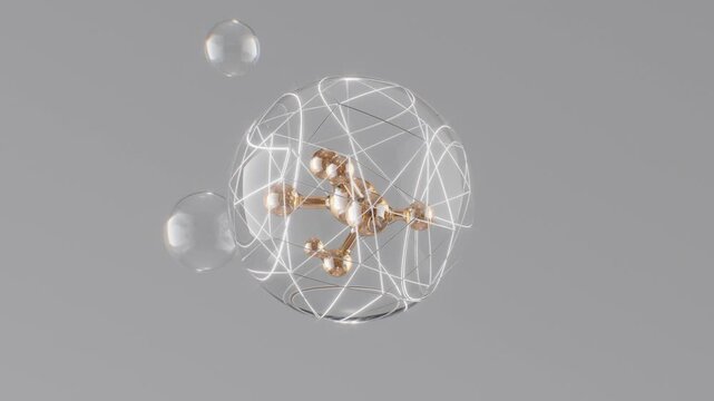 Abstract cosmetic background with water bubbles and molecule inside a sphere. Hyaluronic acid, serum, or the molecular structure of a hydrating essence motion science concept.