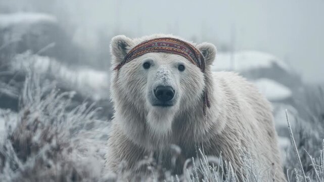Polar bear in frosty landscape wearing patterned headband