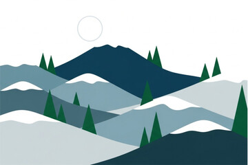 Serene winter landscape with snow-capped mountains and evergreen trees, a minimalist scene evokes tranquility and peace, perfect for holiday designs