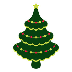 Festive Christmas tree decorated with garland and star. Flat decor element in red and green colors. Flat vector illustration isolated on white background