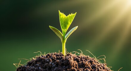 Organic growth and vitality under bright sunlight. Sustainable agriculture and natural life cycle. A small young seedling sprouting from a mound of dark fertile soil.